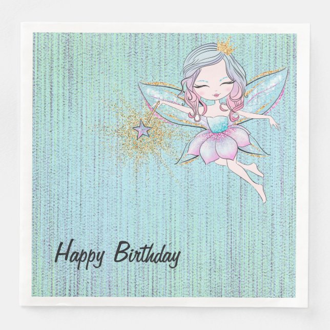 Little Fairies in Pink and Blue Birthday Paper Dinner Napkins (Front)