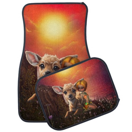 Little fairy and the cute fawn  car floor mat