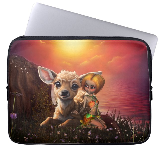 Little fairy and the cute fawn.  laptop sleeve (Front)