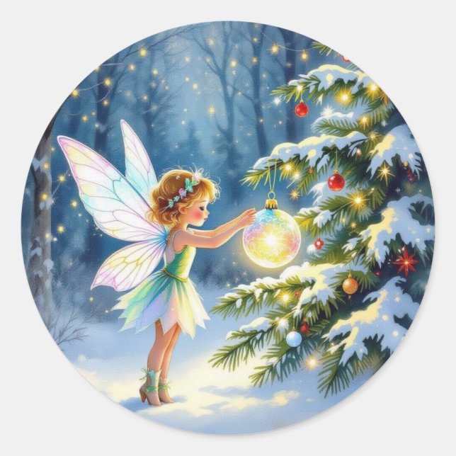 Little Fairy Decorating Christmas Trees Classic Round Sticker (Front)