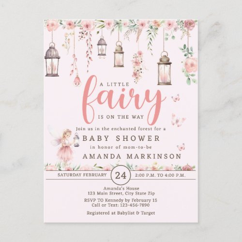 Little Fairy Enchanted Pink Baby Shower Invitation Postcard