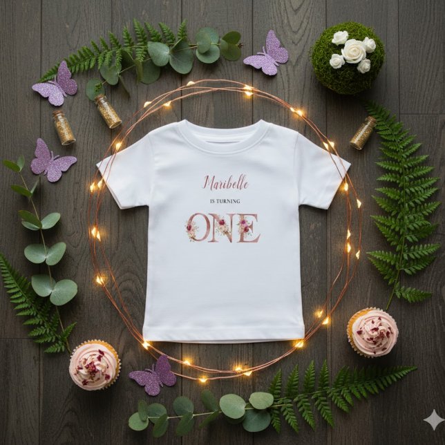 Little Fairy Floral Garden First Birthday  Baby T-Shirt (Creator Uploaded)