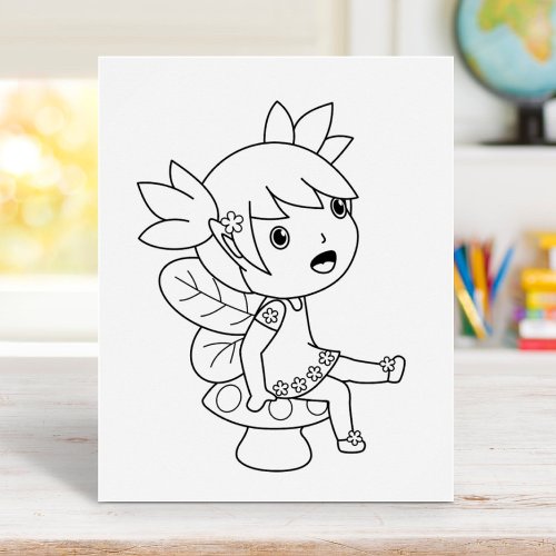 Little Fairy on a Toadstool Coloring Page Poster
