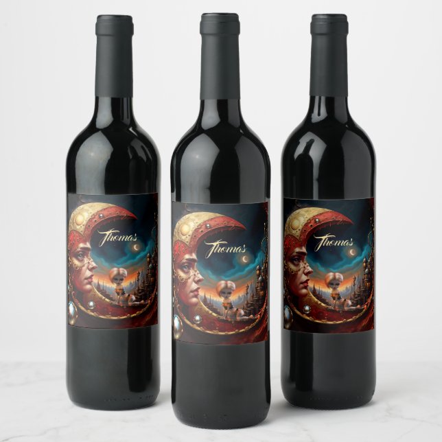 Little fairy sitting on a gold red moon.  wine label (Bottles)