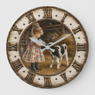 Little Farm Girl Feeding Baby Calf Farmhouse Large Clock