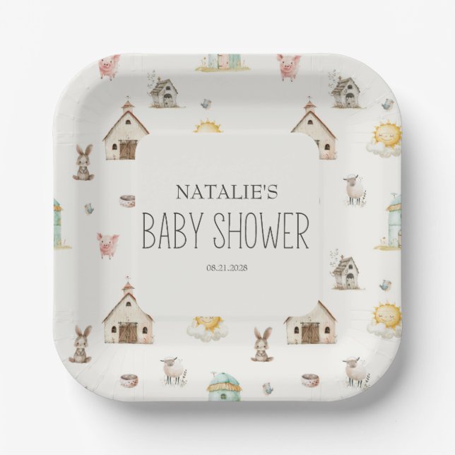 Little Farm Nursery Animals Baby Shower Paper Plates (Front)