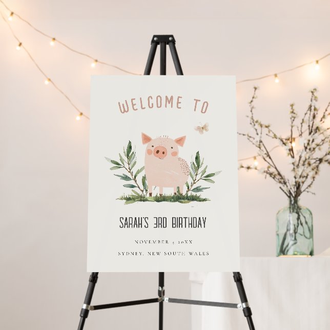 Little Farm Pig Butterfly Kids Birthday Welcome Foam Board (In Situ (Stand))