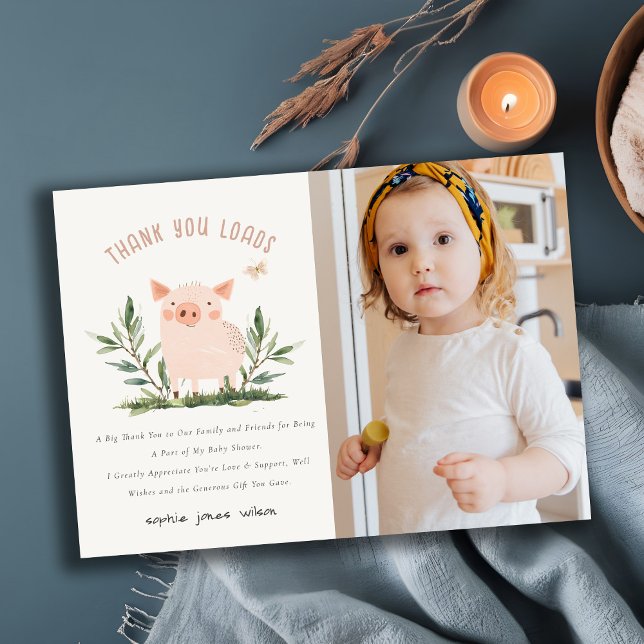 Little Farm Pig Butterfly Kids Photo Birthday Thank You Card (Creator Uploaded)