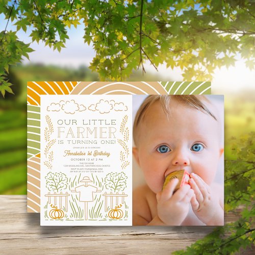 Little Farmer Harvest Scarecrow Photo 1st Birthday Invitation