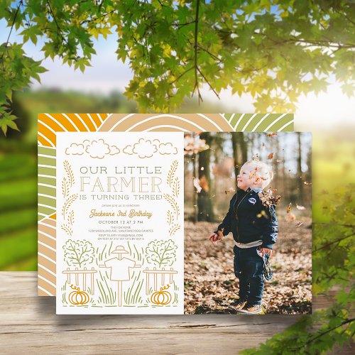 Little Farmer Harvest Scarecrow Photo Birthday Invitation