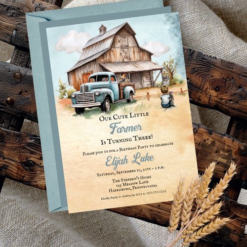 Little Farmer Is Turning Three 3rd Birthday Party Invitation