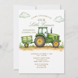 Little Farmer Sage Green Tractor 1st Birthday Invitation