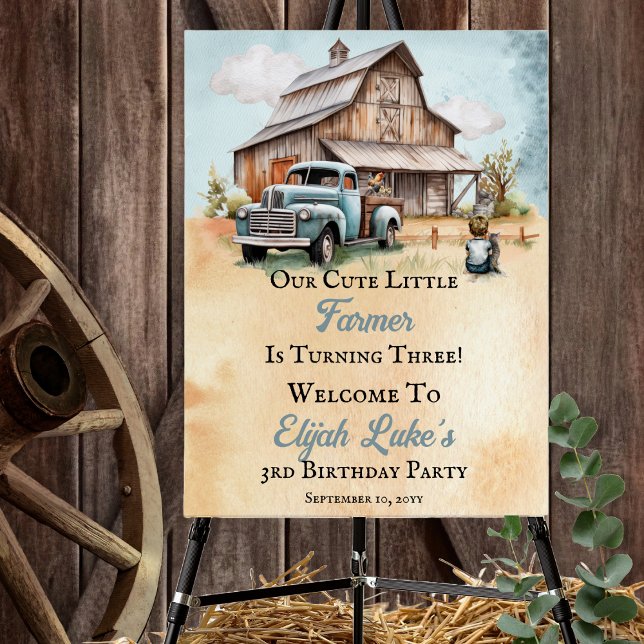 Little Farmer Turning Three 3rd Birthday Party Foam Board ("Our Cute Little Farmer Is Turning Three!" 3rd Birthday "Welcome" Foam Board Poster Sign)