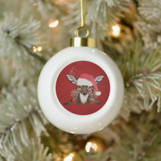 LITTLE FAWN & CARDINAL CERAMIC BALL CHRISTMAS ORNAMENT