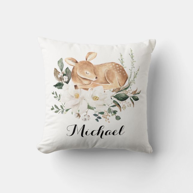 Little Fawn Forest Deer Magnolia Greenery Nursery Throw Pillow (Front)
