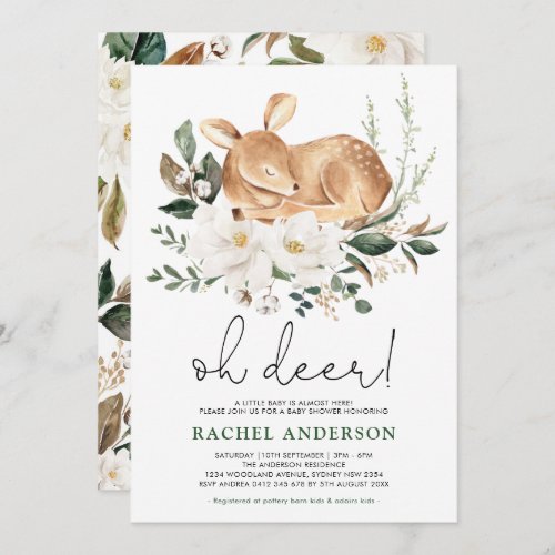 Little Fawn  Forest Deer White Floral Baby Shower Invitation