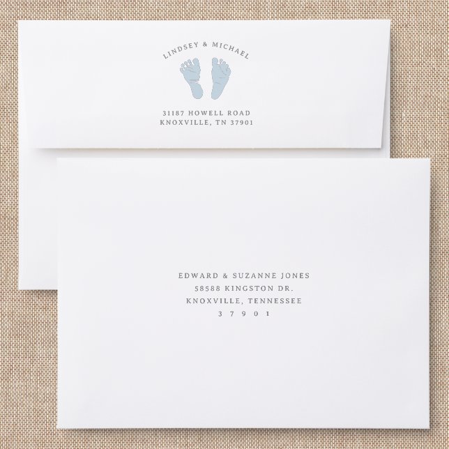 Little Feet Big News Blue Addressed Envelopes (Linen)