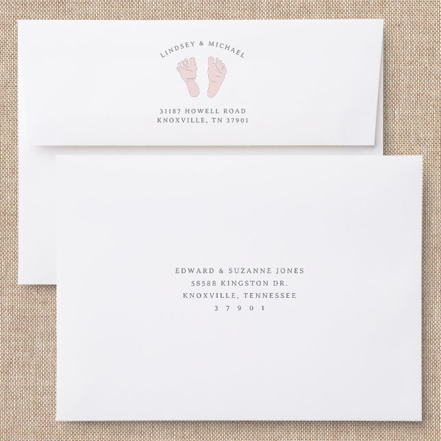 Little Feet Big News Pink Addressed Envelopes (Linen)
