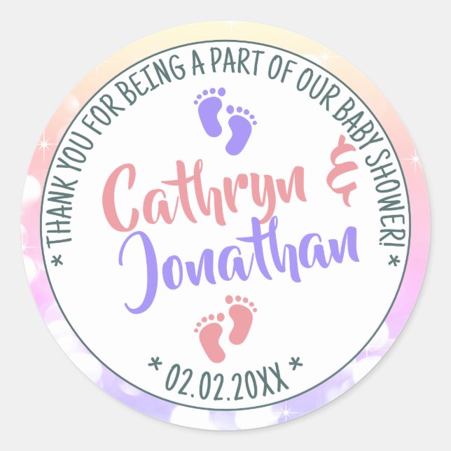 Little Feet Ombre Baby Shower Girl and Boy Twins Classic Round Sticker (Front)