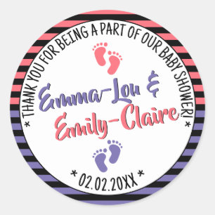 Little Feet Striped Pattern Baby Shower Girl Twins Classic Round Sticker