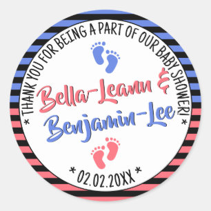 Little Feet Stripes Baby Shower Boy and Girl Twins Classic Round Sticker