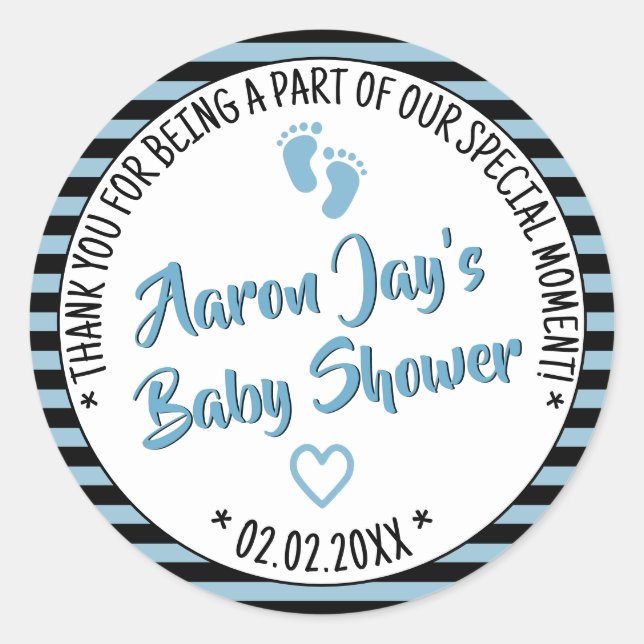 Little Feets Striped Pattern Baby Shower Boy Favor Classic Round Sticker (Front)