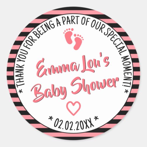 Little Feets Striped Pattern Baby Shower Girl Pink Classic Round Sticker