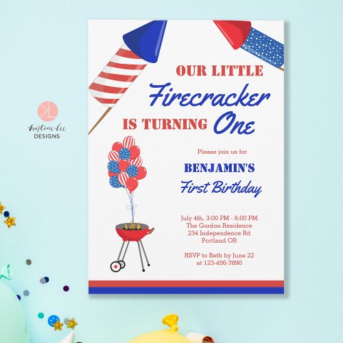 Little Firecracker 1st Birthday 4th of July USA In Invitation