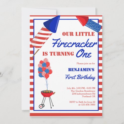 Little Firecracker 1st Birthday 4th of July USA Invitation