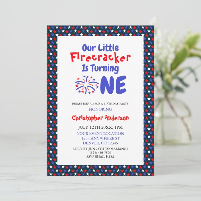 Little Firecracker 1st Birthday Invitation (Standing Front)