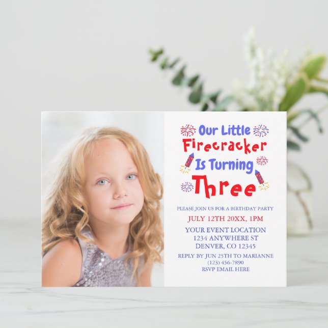 Little Firecracker 3rd Birthday Invitation (Standing Front)