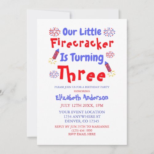 Little Firecracker 3rd Birthday Invitation