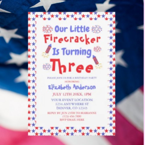 Little Firecracker 3rd Birthday Invitation