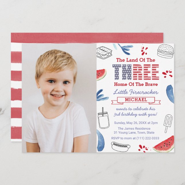 Little Firecracker 3rd Birthday Party Picture Invitation (Front/Back)
