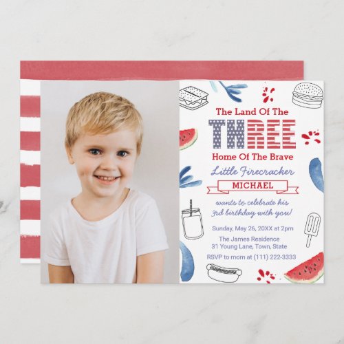 Little Firecracker 3rd Birthday Party Picture Invitation