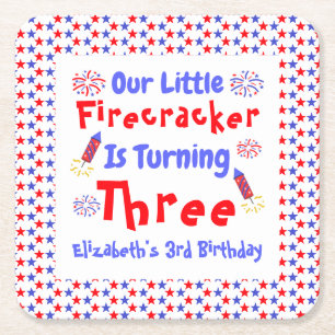 Little Firecracker 3rd Birthday Square Paper Coaster