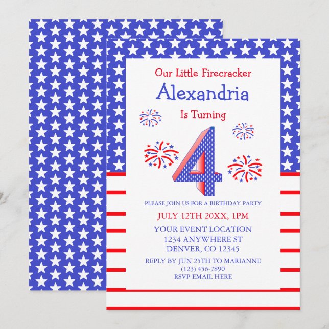 Little Firecracker 4th Birthday Invitation (Front/Back)