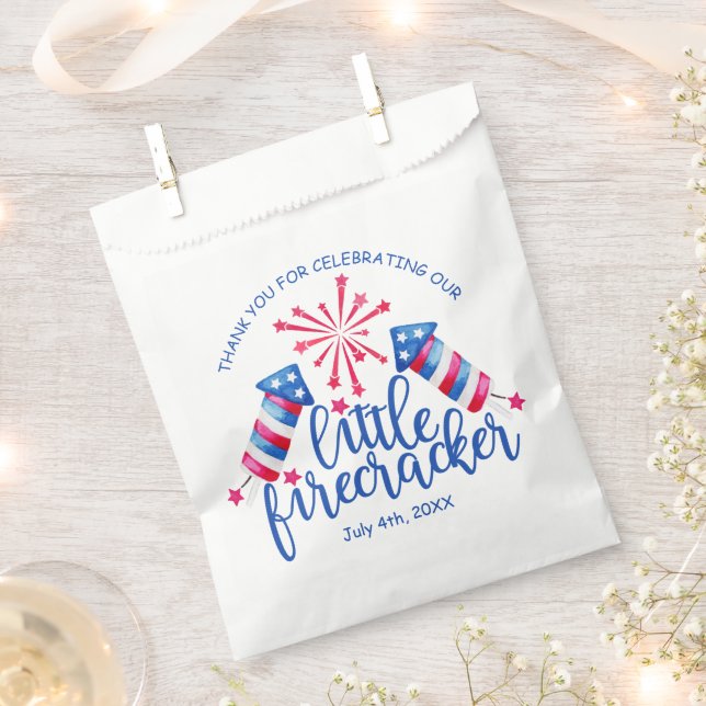 Little Firecracker 4th July First Birthday Party Favor Bag (Clipped)