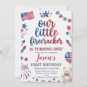 Little Firecracker 4th of July 1st Birthday Invitation
