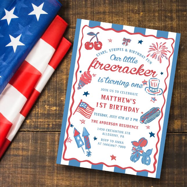 Little Firecracker 4th of July 1st Birthday Invitation (Creator Uploaded)