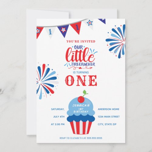 Little Firecracker 4th of July 1st Birthday Invitation