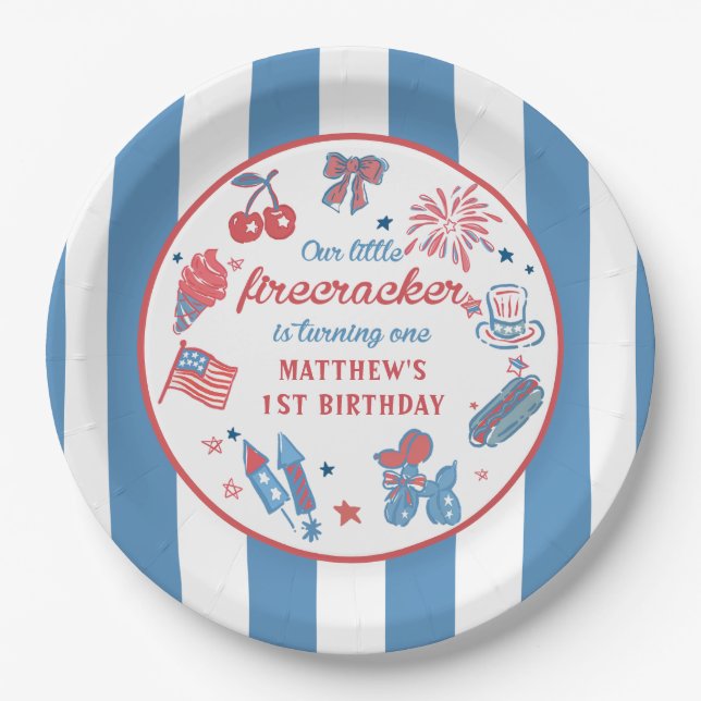 Little Firecracker 4th of July 1st Birthday Paper Plates (Front)