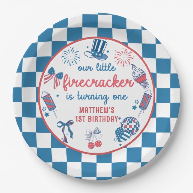 Little Firecracker 4th of July 1st Birthday Paper Plates (Front)