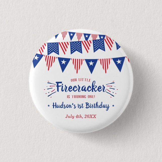 Little Firecracker 4th Of July 1st Birthday Party Button (Front)