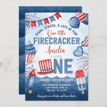 Little Firecracker 4th Of July 1st Birthday Party Invitation by PerfectPrintableCo at Zazzle