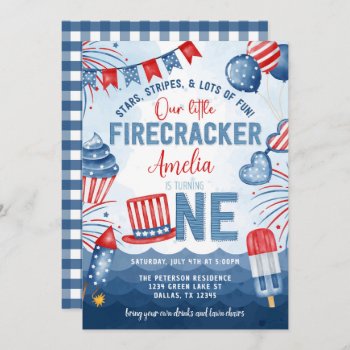 Little Firecracker 4th Of July 1st Birthday Party Invitation by PerfectPrintableCo at Zazzle