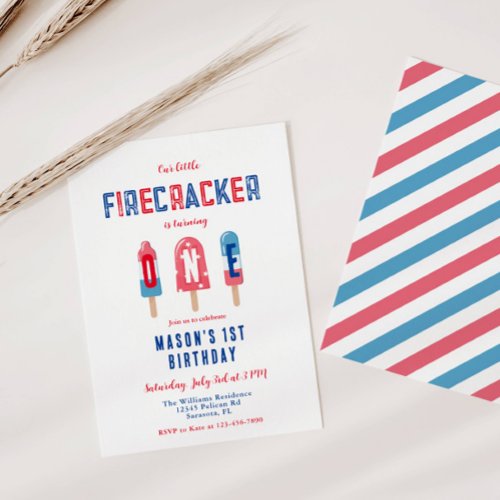 Little Firecracker 4th of July 1st Birthday Party Invitation