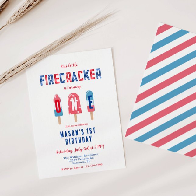 Little Firecracker 4th of July 1st Birthday Party Invitation (Creator Uploaded)