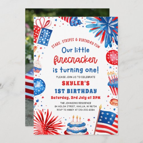 Little Firecracker 4th of July 1st Birthday Party Invitation