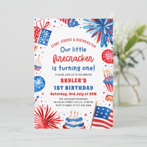 Little Firecracker 4th of July 1st Birthday Party Invitation